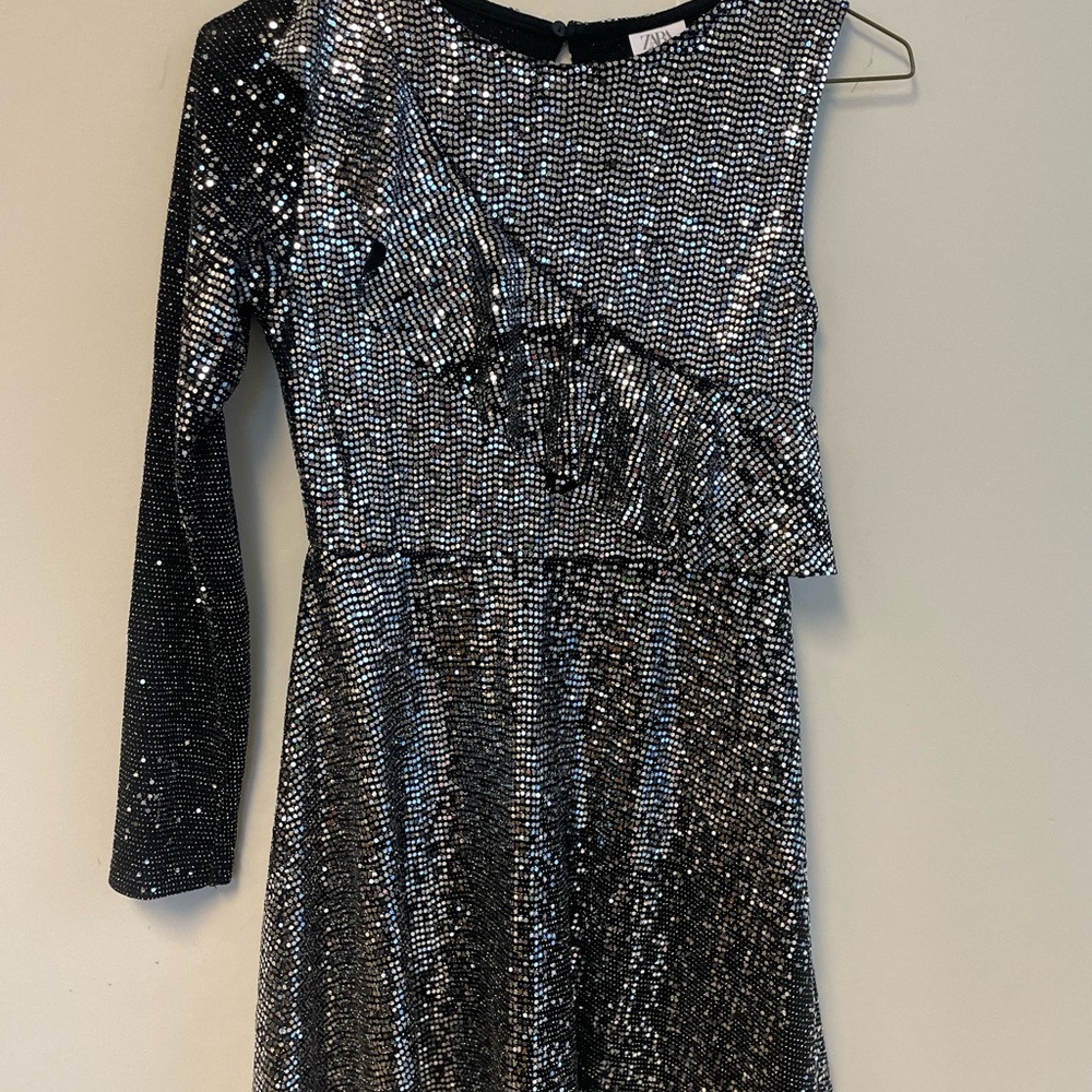 Girls Silver Disco Skater Dress One Sleeve